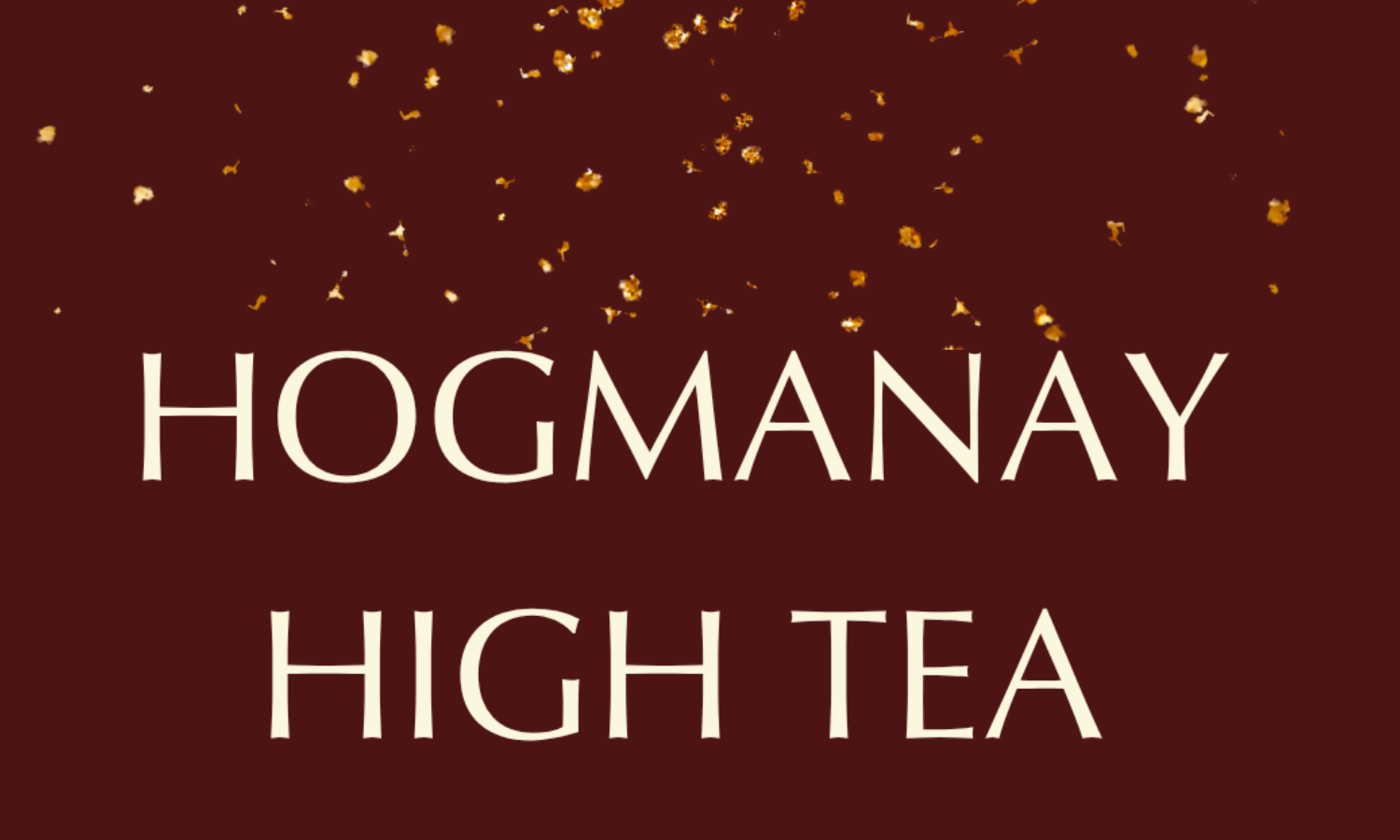 Event title on black background with falling gold flecks